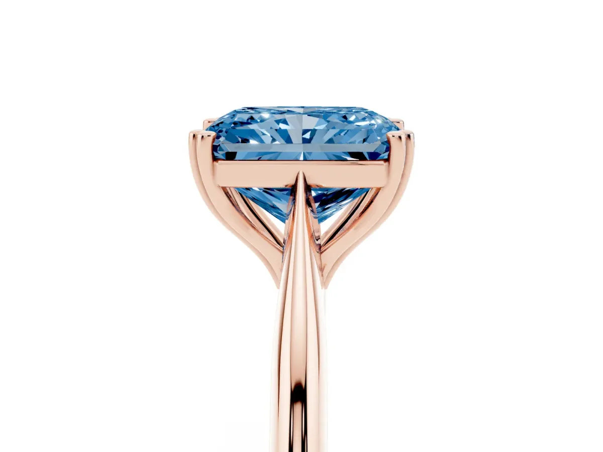 Fancy Blue Radiant Cut Solitaire Diamond Ring with Six-Prong Setting and Classic Band Rose gold