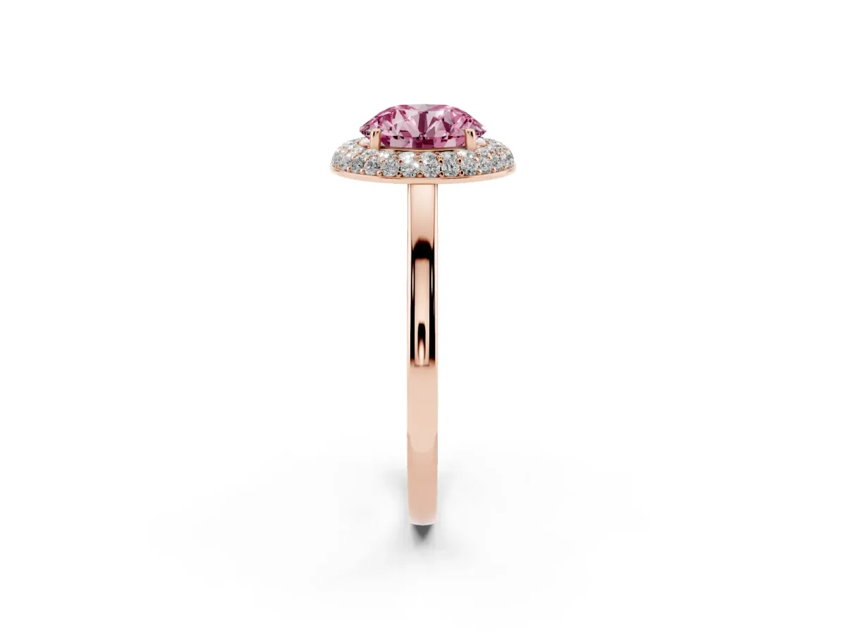 Fancy Pink Round Cut Halo Diamond Engagement Ring with Solitaire Band and Four-Prong Setting Rose gold