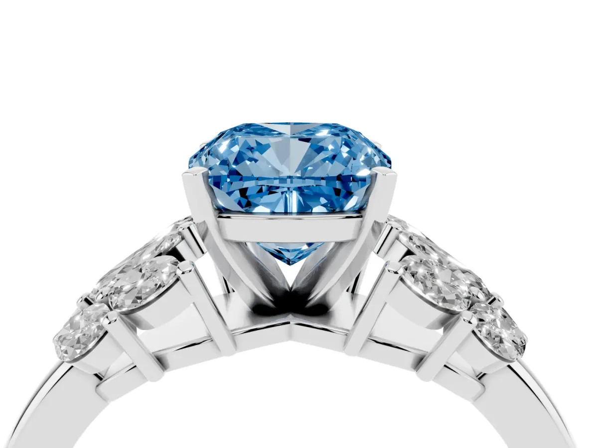 Fancy Blue Cushion Cut Diamond Cluster Leaf Design Ring with Prong Setting Silver