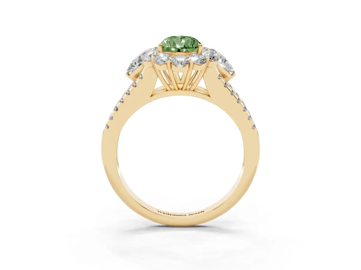 Fancy Green Pear Cut Halo Split Shank Diamond Engagement Ring with Prong Setting Yellow gold