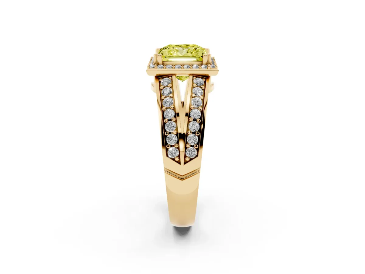 Fancy Yellow Princess Cut Diamond Halo Ring with Split Shank Pavé Band and Four-Prong Setting Yellow gold