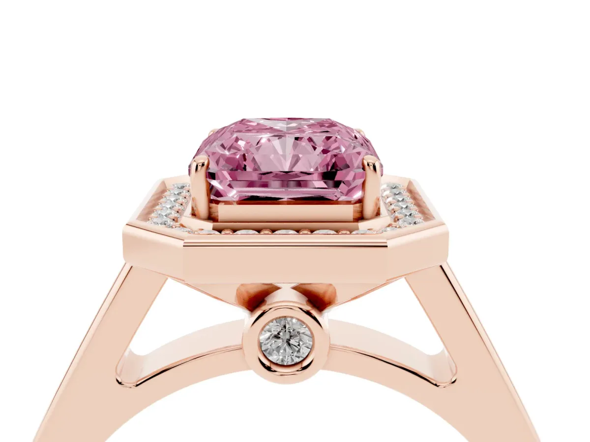 Fancy Pink Emerald Cut Halo Solitaire Diamond Ring with Pave Band and Bezel Setting Rose gold