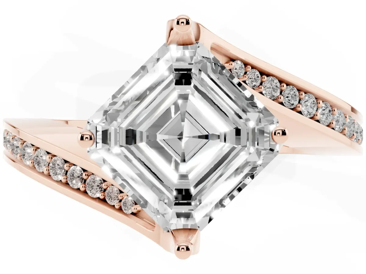 Asscher Cut Solitaire Diamond Twist Band with Pavé Setting and Four-Prong Setting Rose gold