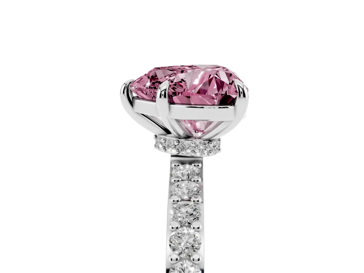 Fancy Pink Heart Cut Diamond Pavé Engagement Ring with Round Accents and Prong Setting White gold