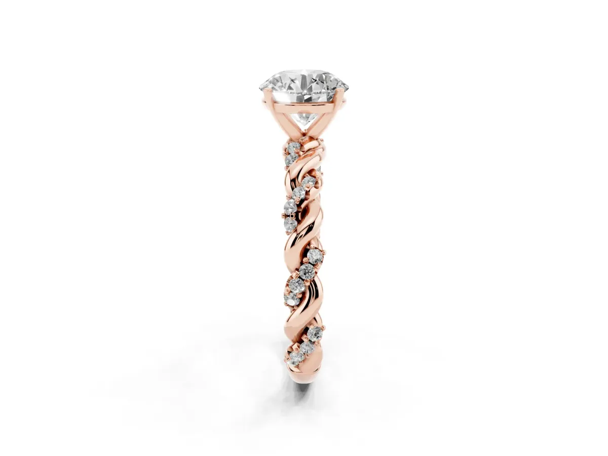 Round Cut Diamond Solitaire Ring with Twisted Band and Pavé Accents Rose gold