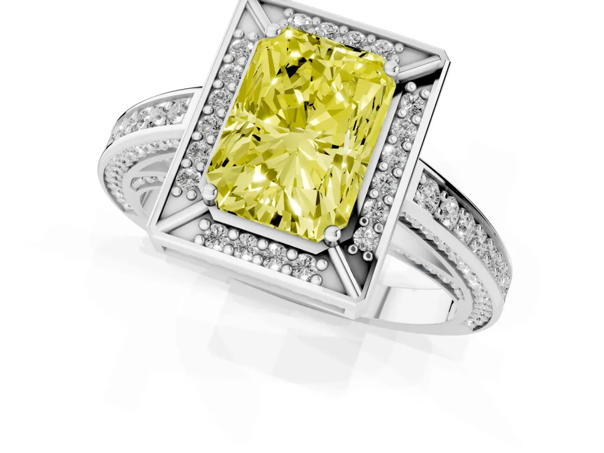 Fancy Yellow Radiant Cut Cut Halo Pave Split Shank Prong Setting Ring Platinum