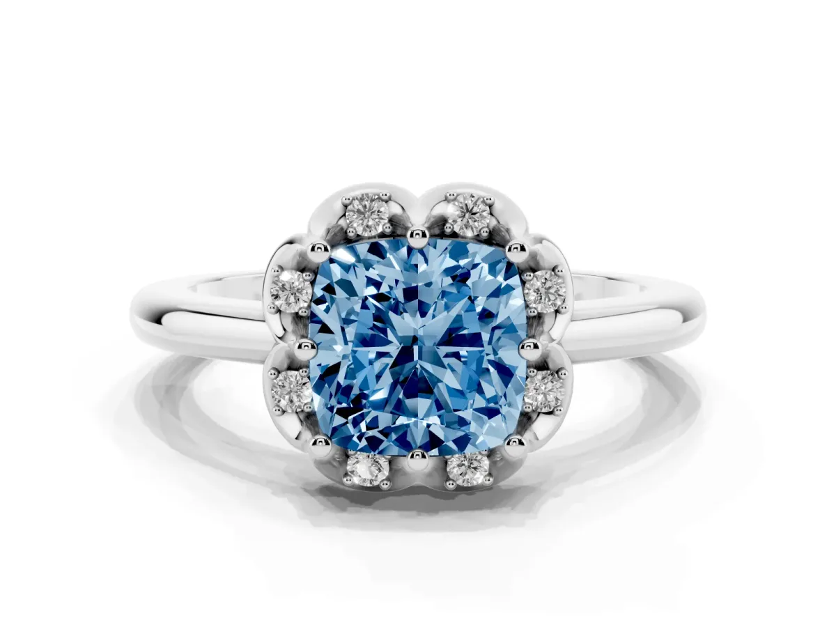 Fancy Blue Cushion Cut Halo Diamond Ring with Round Cluster Setting, Solitaire Band, and Four-Prong Setting White gold