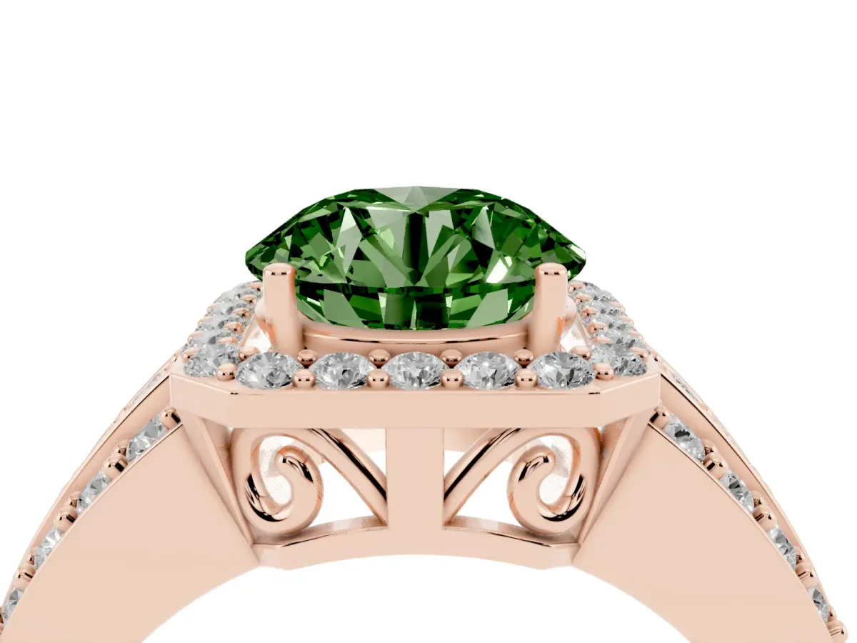 Fancy Green Round Cut Halo Diamond Ring with Round Split Shank and Prong Setting Rose gold