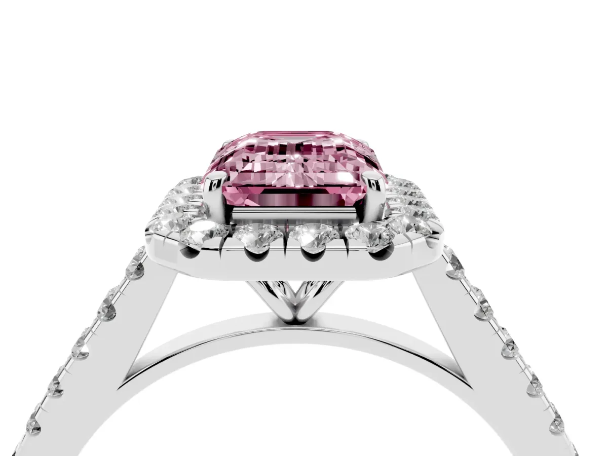 Fancy Pink Emerald Cut Halo Pave Diamond Engagement Ring with Four-Prong Setting Silver