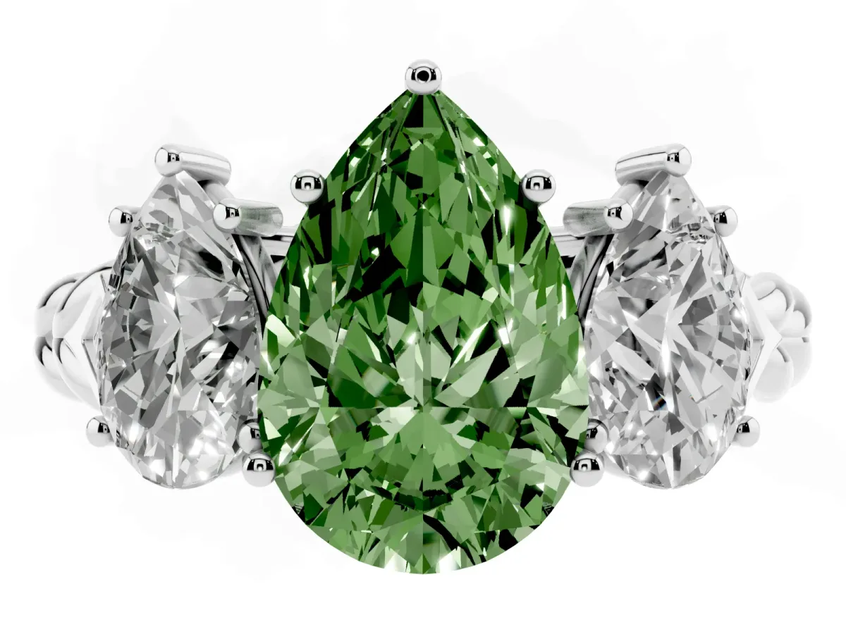 Fancy Green Three-Stone Pear Cut Diamond Braided Band Ring with Four-Prong Setting Silver