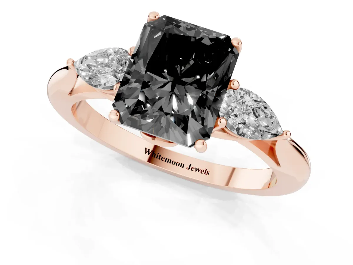 Fancy Black Radiant Cut Diamond Three-Stone Ring with Pear Side Stones and Prong Setting Rose gold