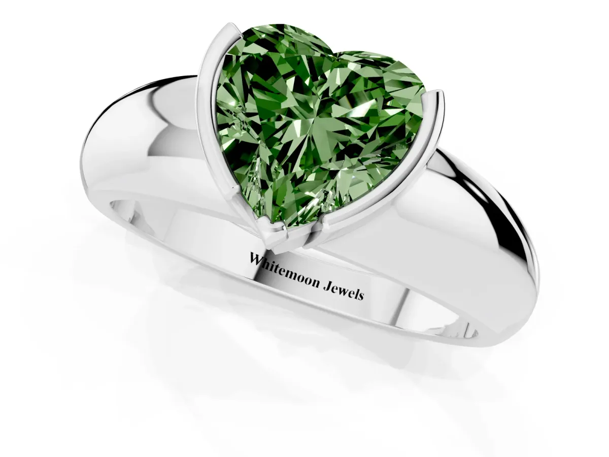 Fancy Green Heart Cut Solitaire Tension Set Diamond Ring with Wide Band White gold