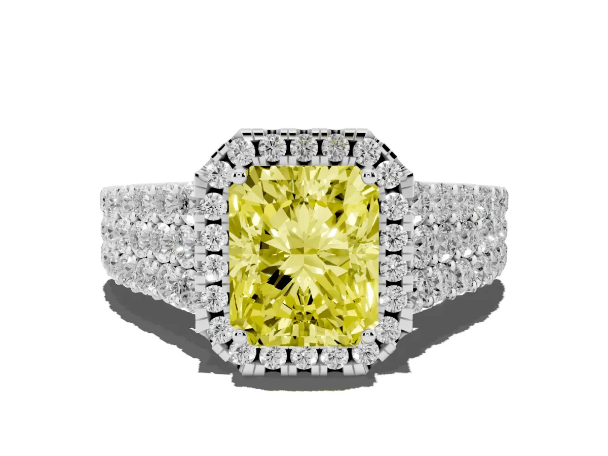 Fancy Yellow Radiant Cut Diamond Halo Engagement Ring with Triple Row Round Pavé Band and Prong Setting Platinum