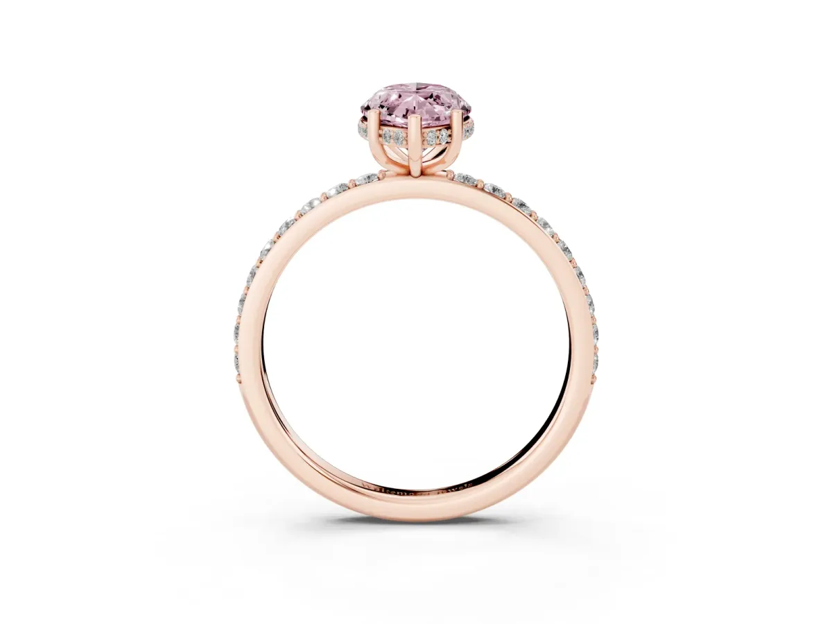 Fancy Pink Marquise Cut Diamond Solitaire Ring with Pavé Band and Hidden Halo Rose gold