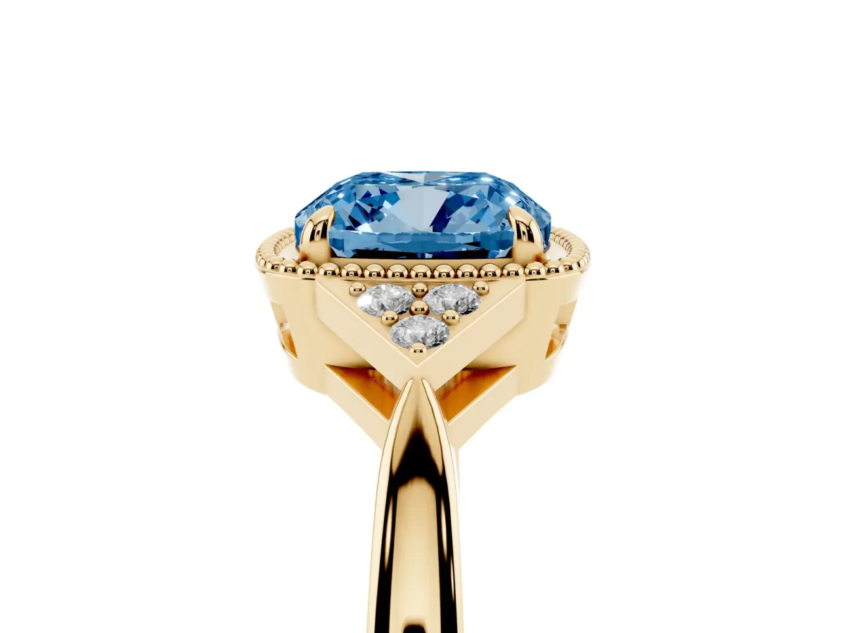 Fancy Blue Hexagonal Halo Cushion Cut Diamond Solitaire with Pavé Band and Four-Prong Setting Yellow gold
