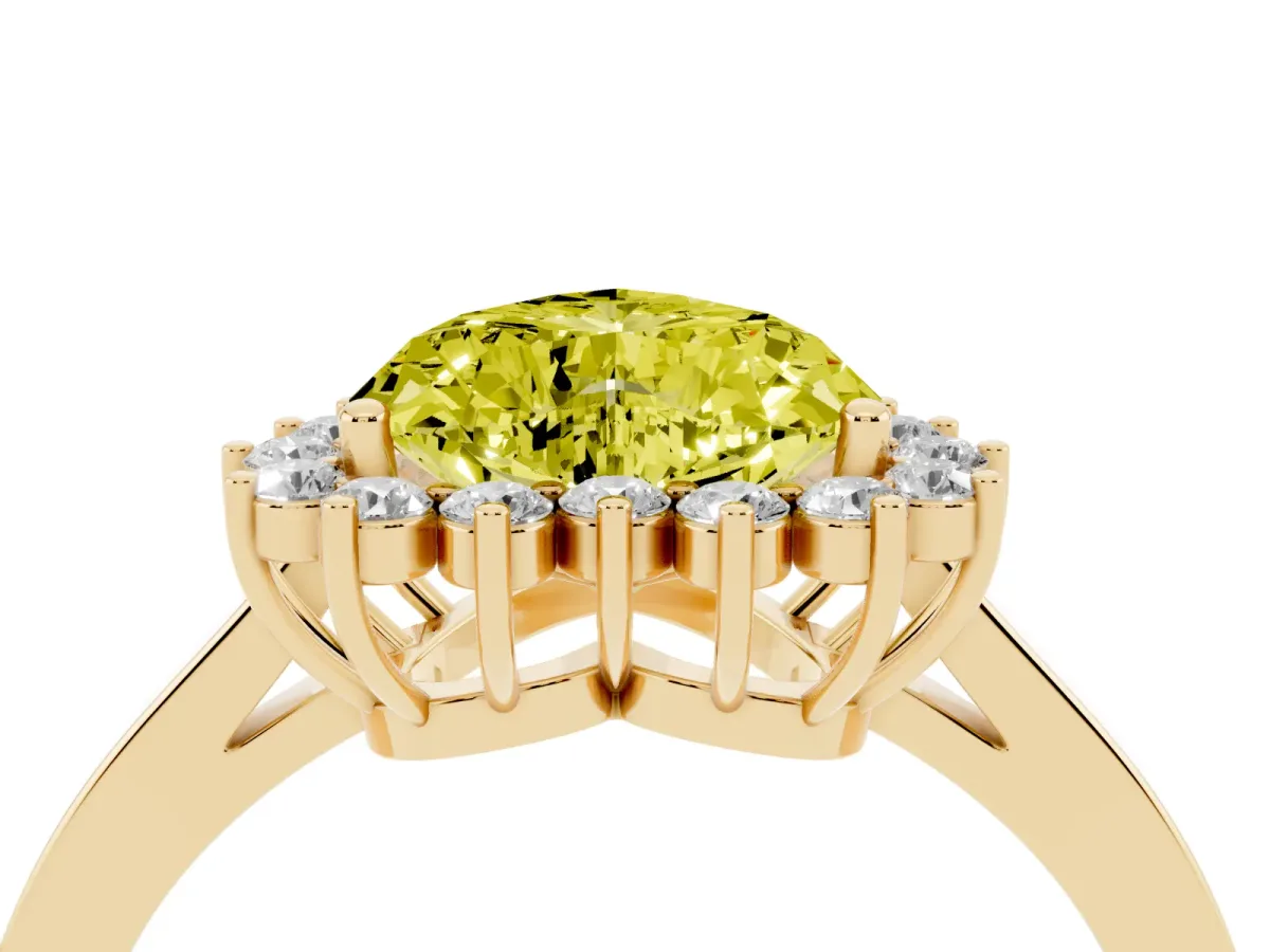 Fancy Yellow Heart Cut Cut Diamond Halo Ring with Round Brilliant Halo and Solitaire Band Yellow gold