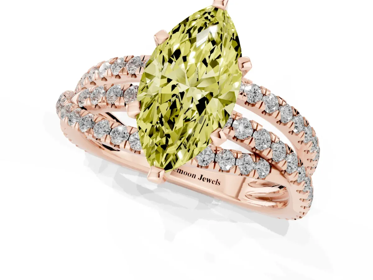 Fancy Yellow Marquise Cut Solitaire Twist Band with Pavé Setting and Four-Prong Setting Rose gold