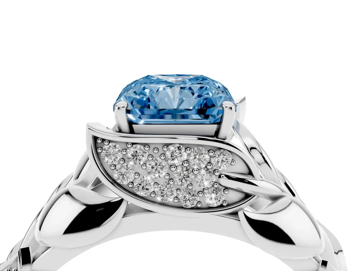 Fancy Blue Radiant Cut Diamond Leaf-Inspired Engagement Ring with Round Accents and Prong Setting White gold