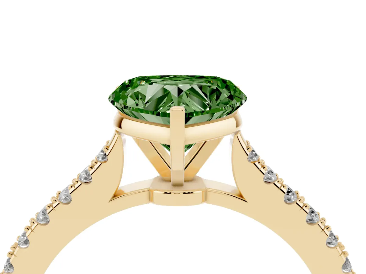Fancy Green Heart Cut Cut Solitaire Diamond Engagement Ring with Pave Band and Four-Prong Setting Yellow gold