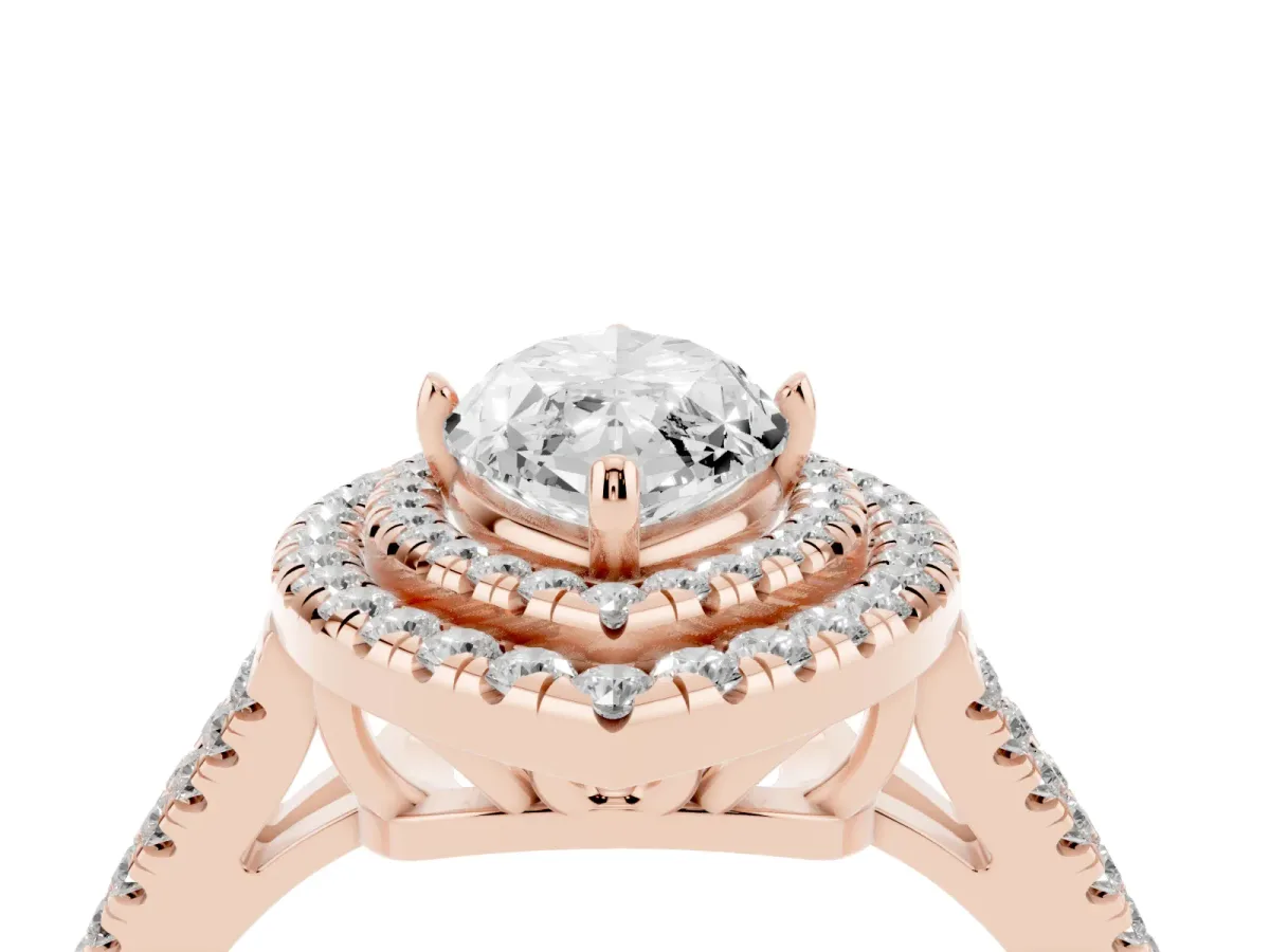 Marquise Cut Diamond Double Halo Ring with Pavé Band and Prong Setting Rose gold