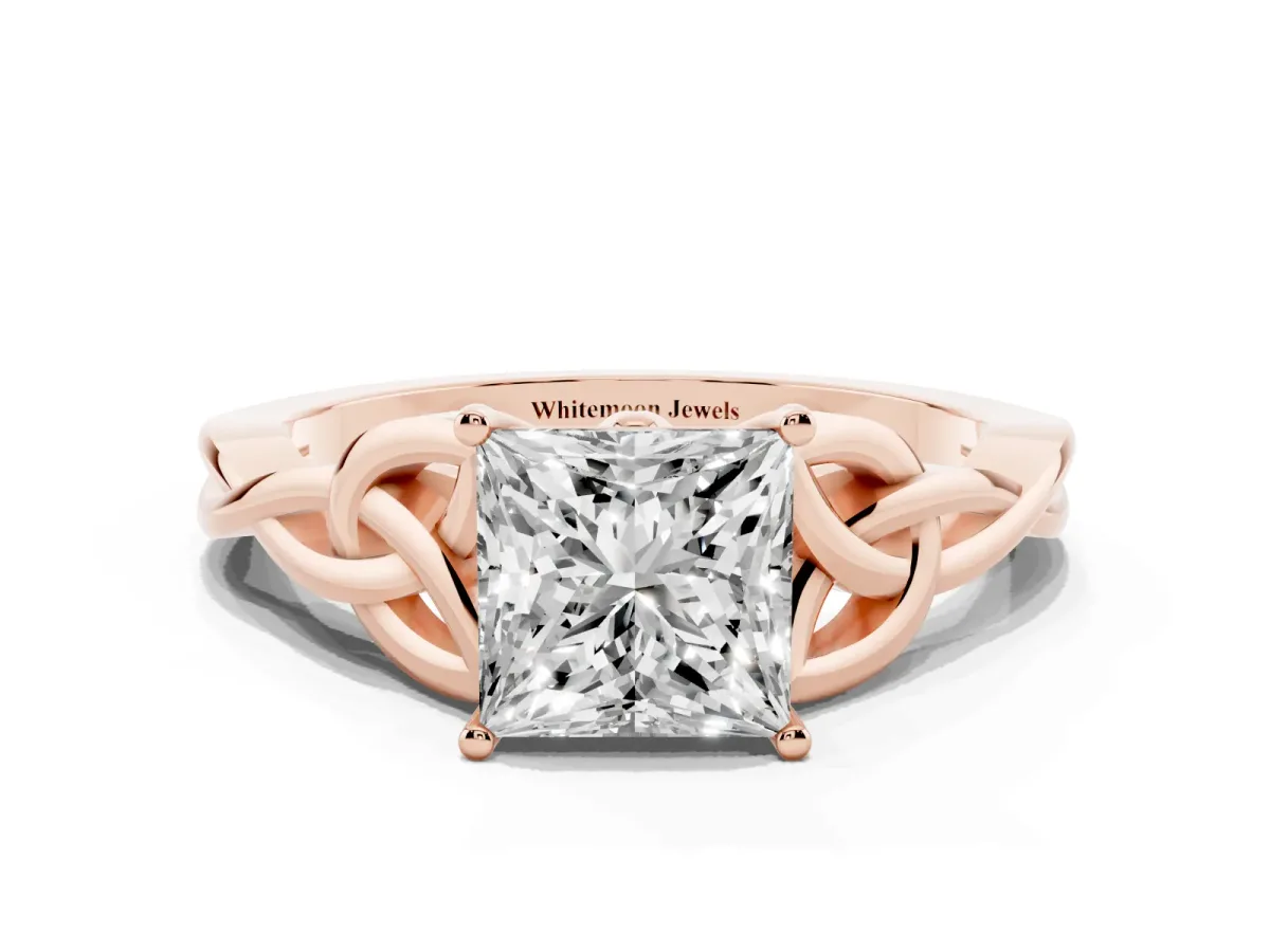Princess Cut Diamond Solitaire Engagement Ring with Celtic Knot Band and Four-Prong Setting Rose gold