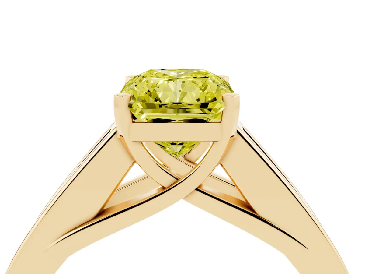 Fancy Yellow Radiant Cut Cut Channel Set Solitaire Ring with Four-Prong Setting Yellow gold