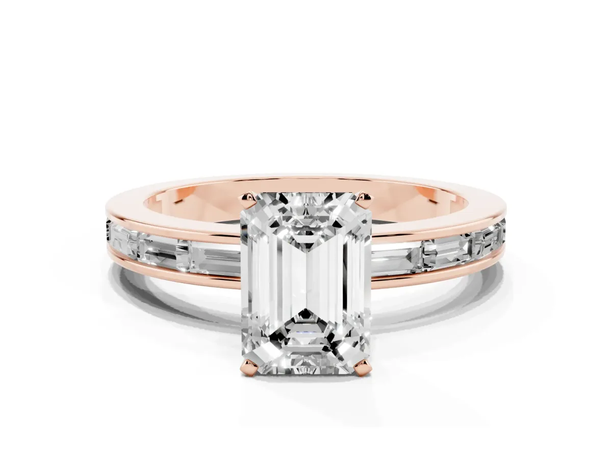 Emerald Cut Solitaire Diamond Ring with Channel-Set Baguette Band and Four-Prong Setting Rose gold
