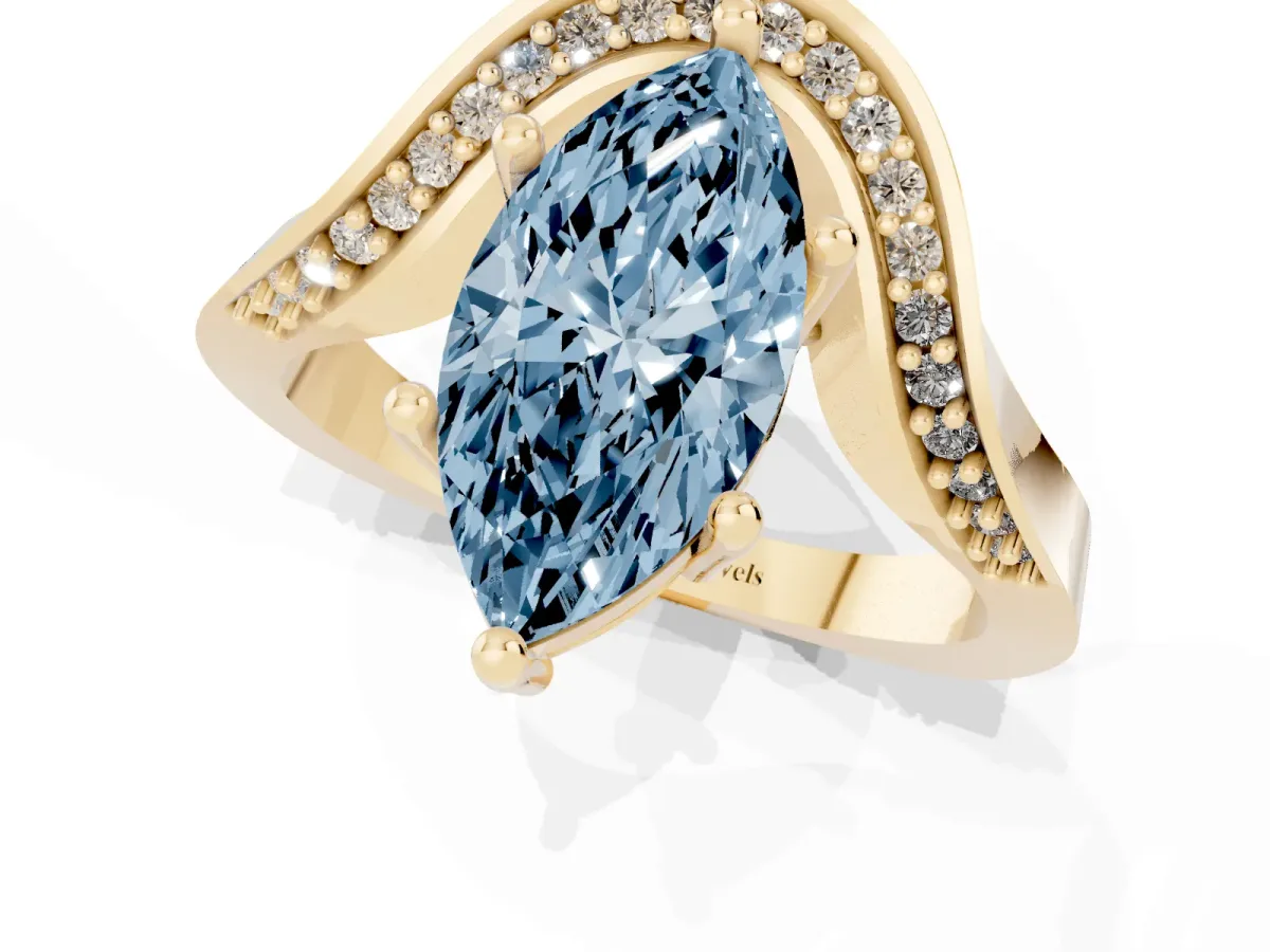 Fancy Blue Marquise Cut Solitaire Diamond Engagement Ring with Pave Band and Four-Prong Setting Yellow gold