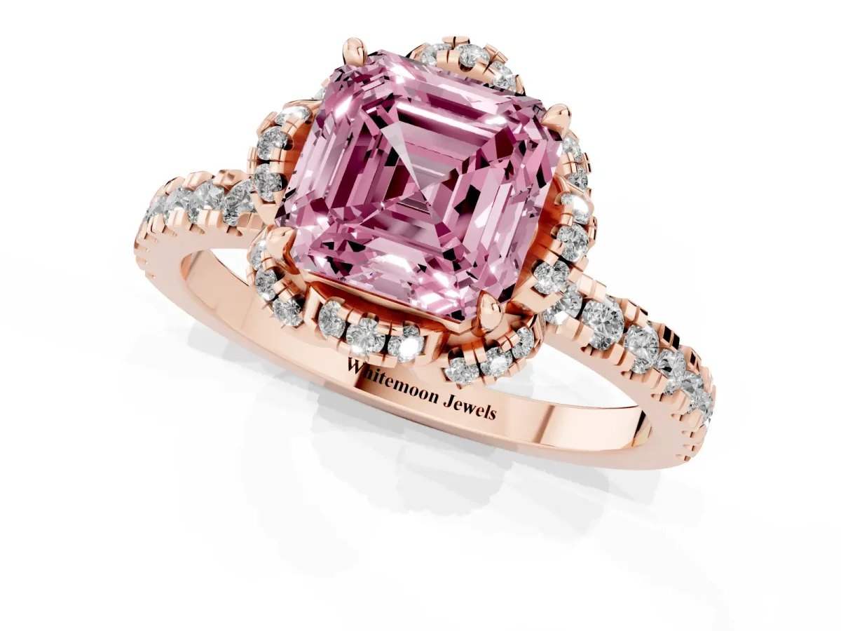 Fancy Pink Asscher Cut Halo Diamond Pave Band Ring with Four-Prong Setting Rose gold