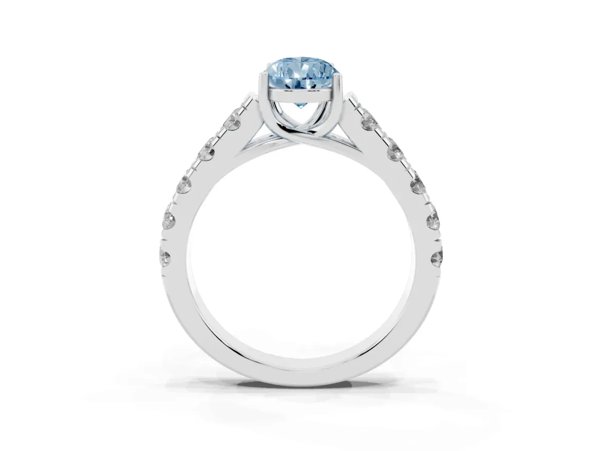 Fancy Blue Pear Cut Cut Diamond Solitaire Ring with Micro Pave Band and Prong Setting Silver