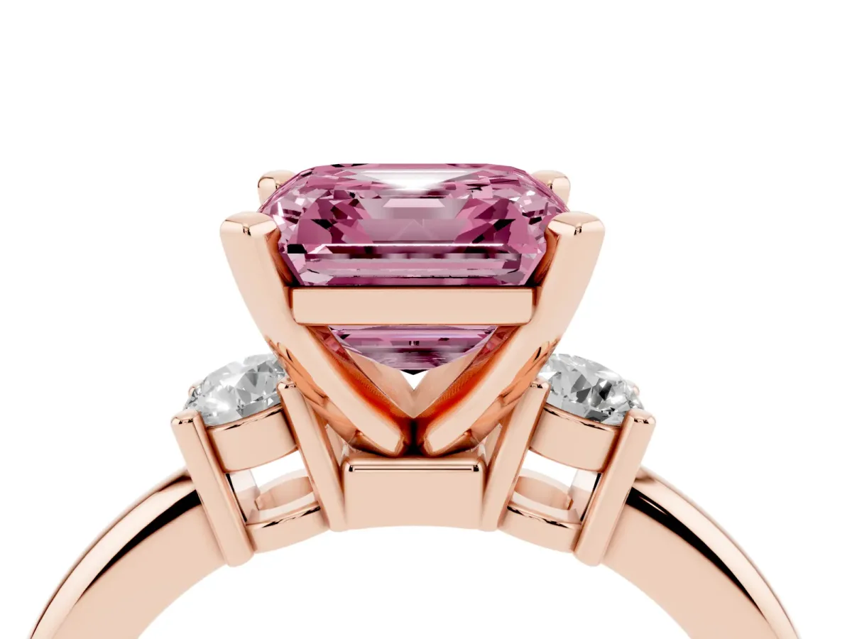 Fancy Pink Three-Stone Asscher Cut Cut Diamond Solitaire with Prong Setting and Classic Band Rose gold