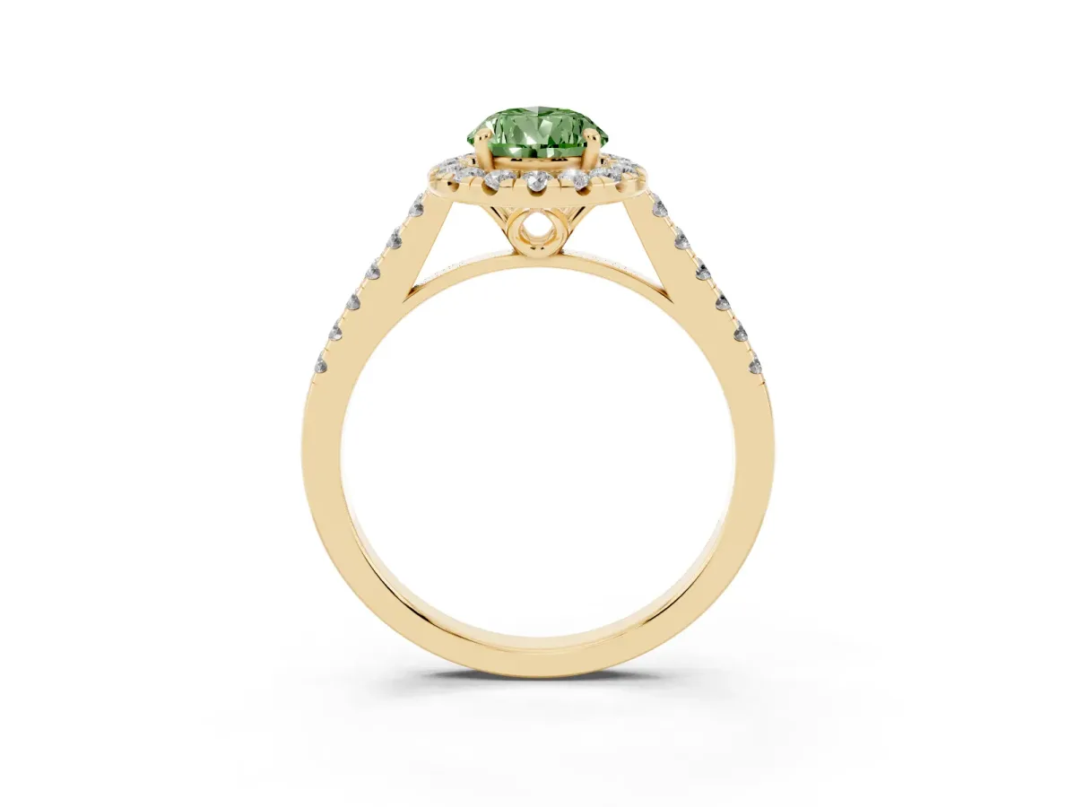 Fancy Green Pear Cut Halo Pavé Diamond Engagement Ring with Four-Prong Setting Yellow gold