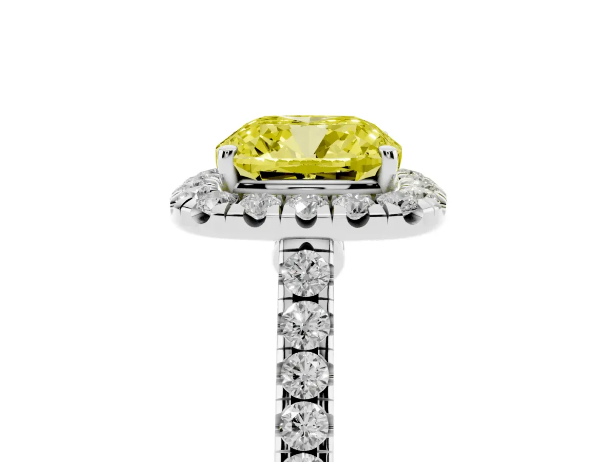 Fancy Yellow Cushion Cut Halo Pave Diamond Engagement Ring with Four-Prong Setting White gold