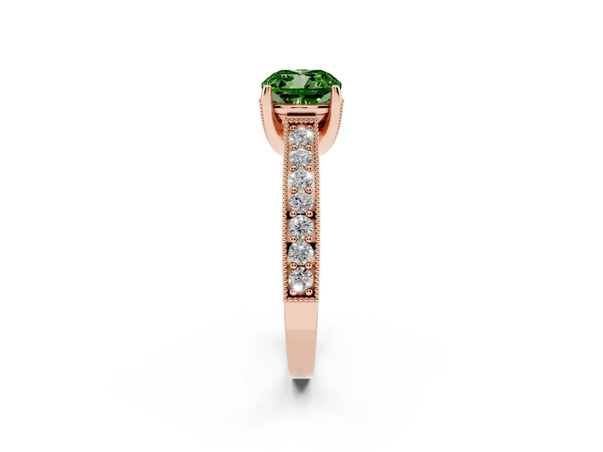 Fancy Green Cushion Cut Cut Diamond Solitaire Ring with Milgrain Pave Band and Four Prong Setting Rose gold