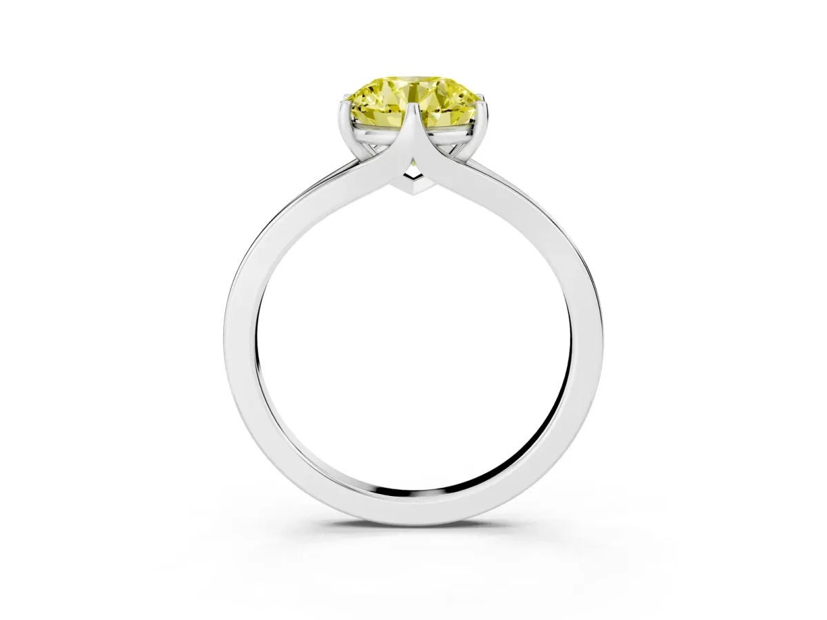 Fancy Yellow Round Cut Solitaire Diamond Ring with Six-Prong Setting and Tapered Band Platinum