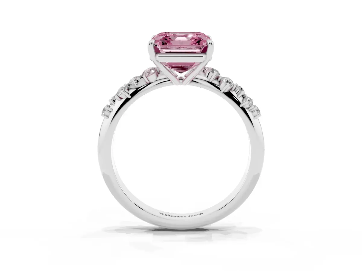 Fancy Pink Asscher Cut Diamond Cluster Side Stone Solitaire Ring with Prong Setting Silver