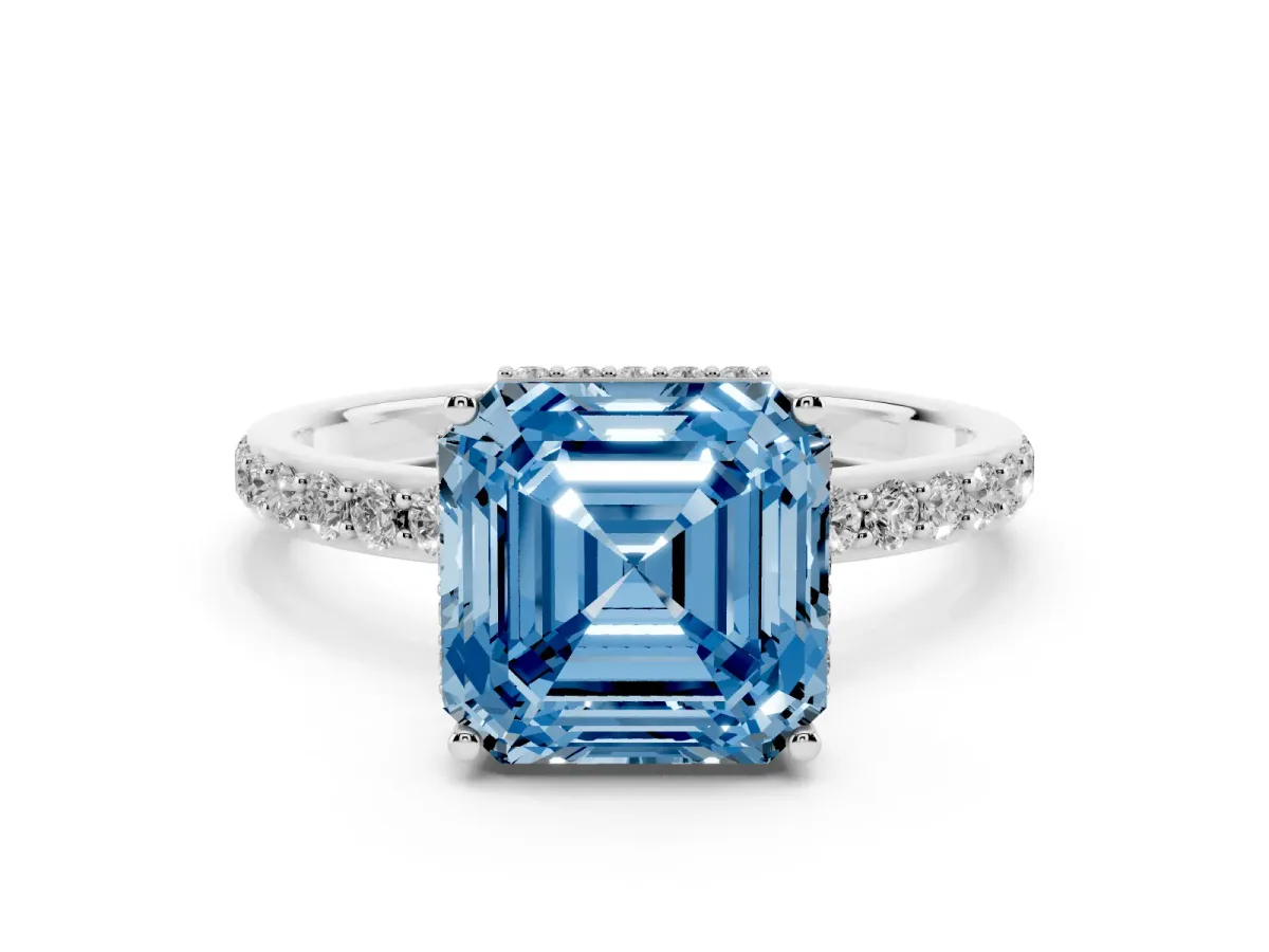 Fancy Blue Asscher Cut Diamond Solitaire Ring with Pavé Band and Hidden Halo White gold
