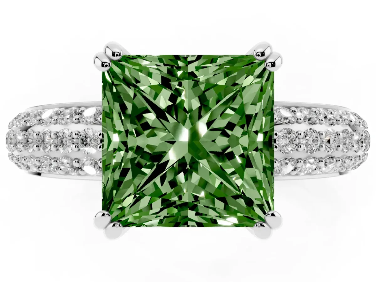 Fancy Green Princess Cut Diamond Solitaire Ring with Multi-Row Round Pavé Band and Prong Setting White gold