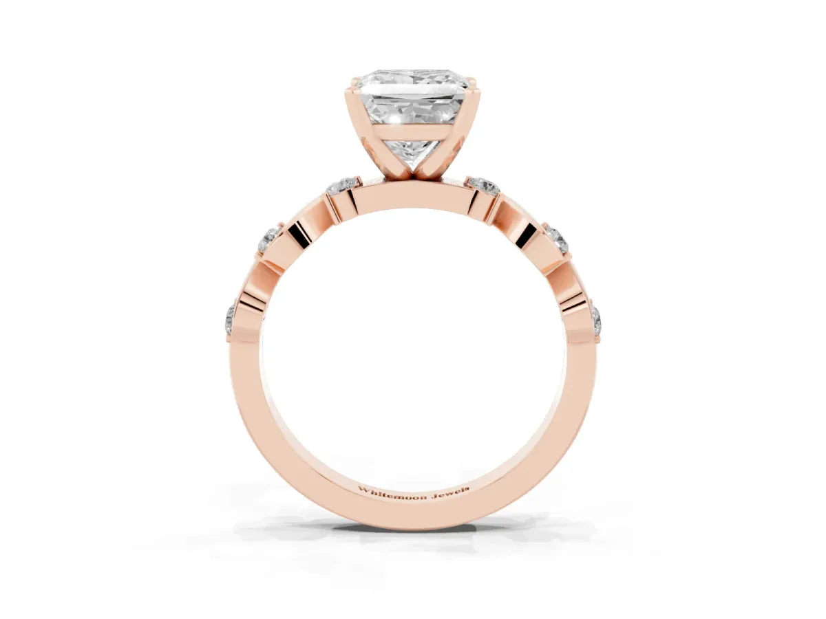 Princess Cut Diamond Solitaire Twisted Band with Round Accents and Prong Setting Rose gold