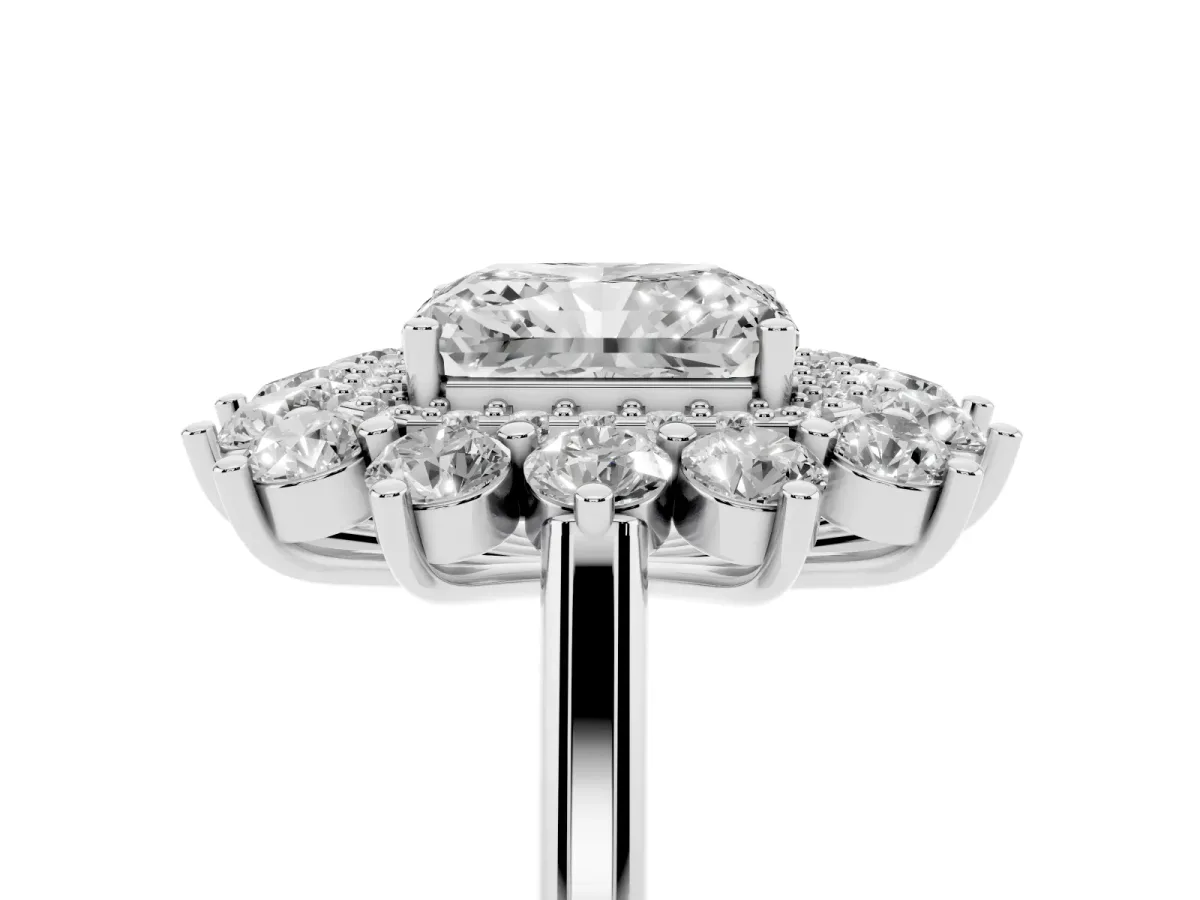 Radiant Cut Diamond Floral Double Halo Engagement Ring with Prong Setting White gold