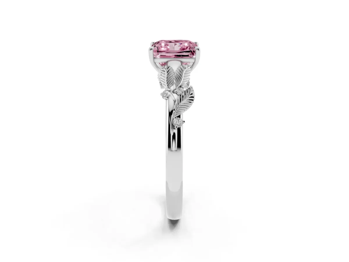 Fancy Pink Princess Cut Diamond Solitaire Ring with Leaf Motif Band and Four-Prong Setting Platinum