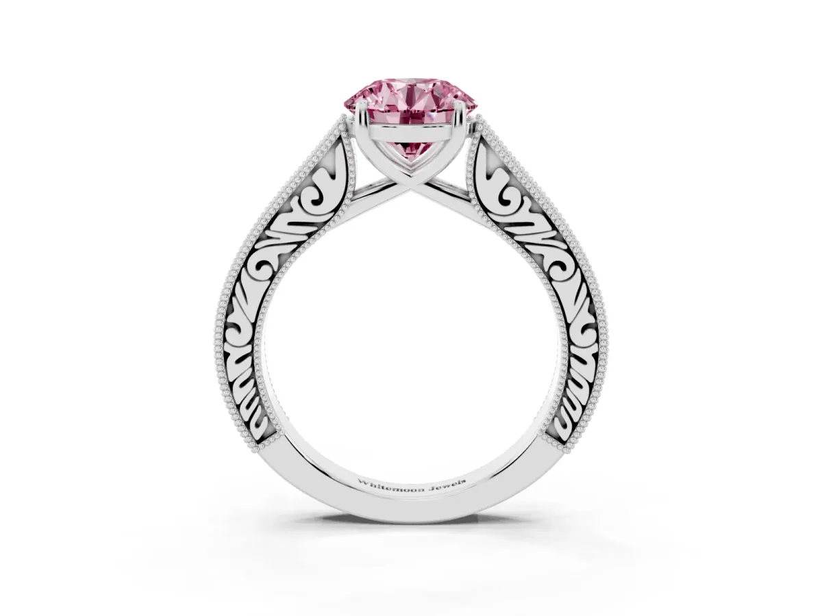 Fancy Pink Round Cut Cut Pave Band Milgrain Solitaire Ring Silver