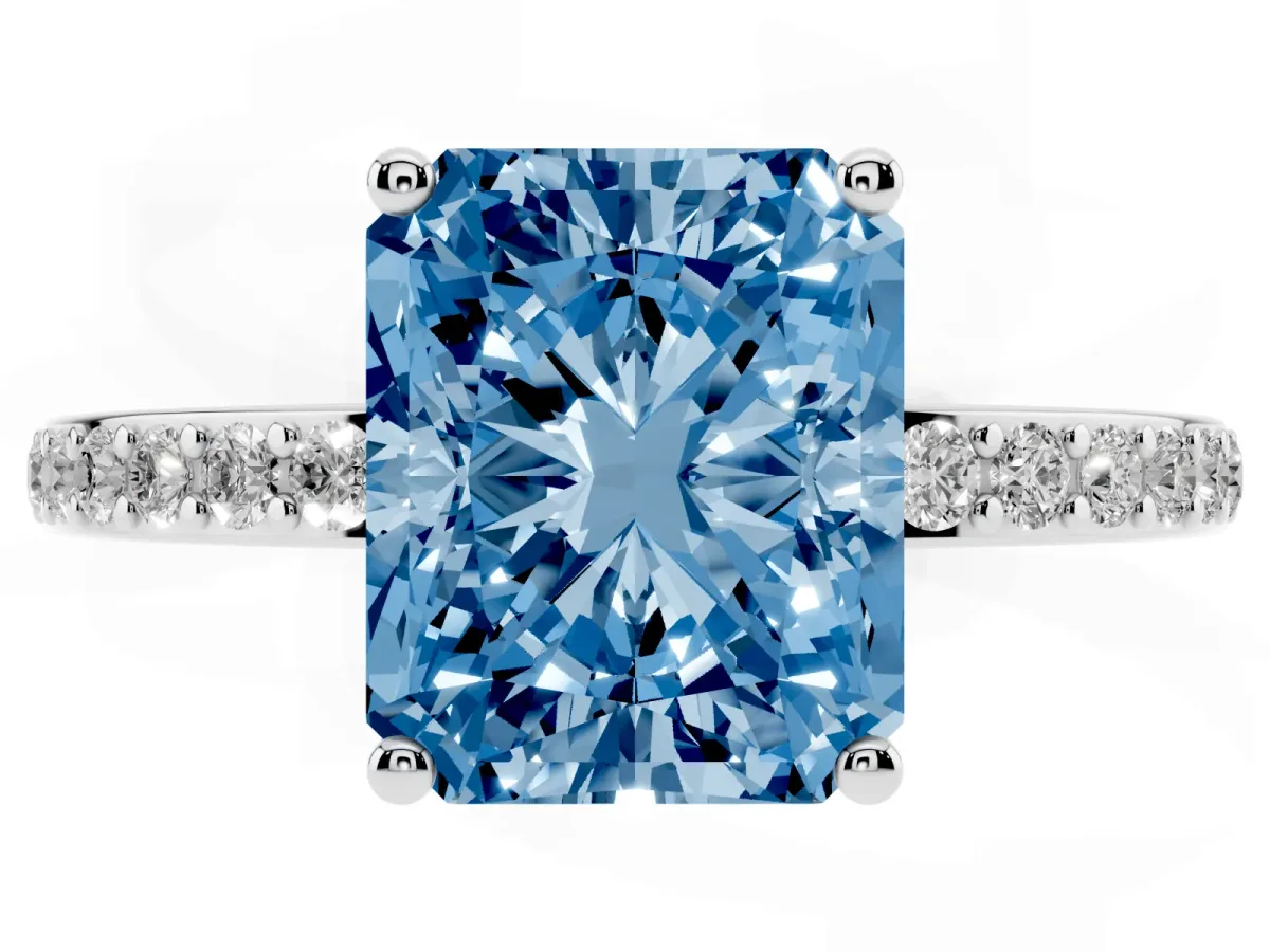 Fancy Blue Radiant Cut Cut Diamond Pavé Band Ring with Four-Prong Setting Platinum