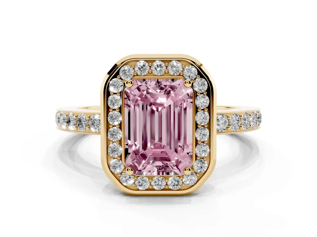 Fancy Pink Emerald Cut Diamond Halo Ring with Bezel Frame and Pavé Band Yellow gold