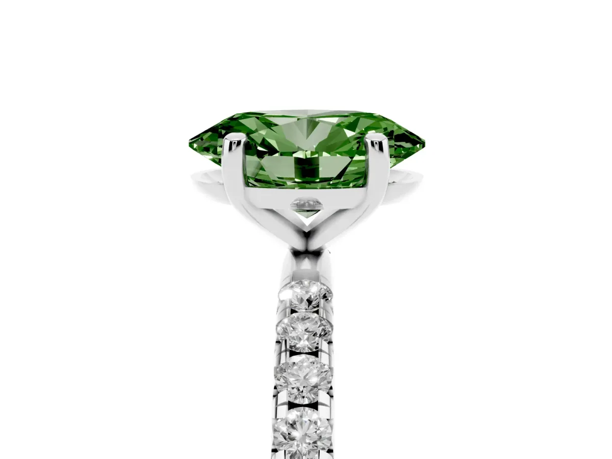 Fancy Green Oval Cut Cut Diamond Solitaire Ring with Micro Pave Band and Four Prong Setting Silver