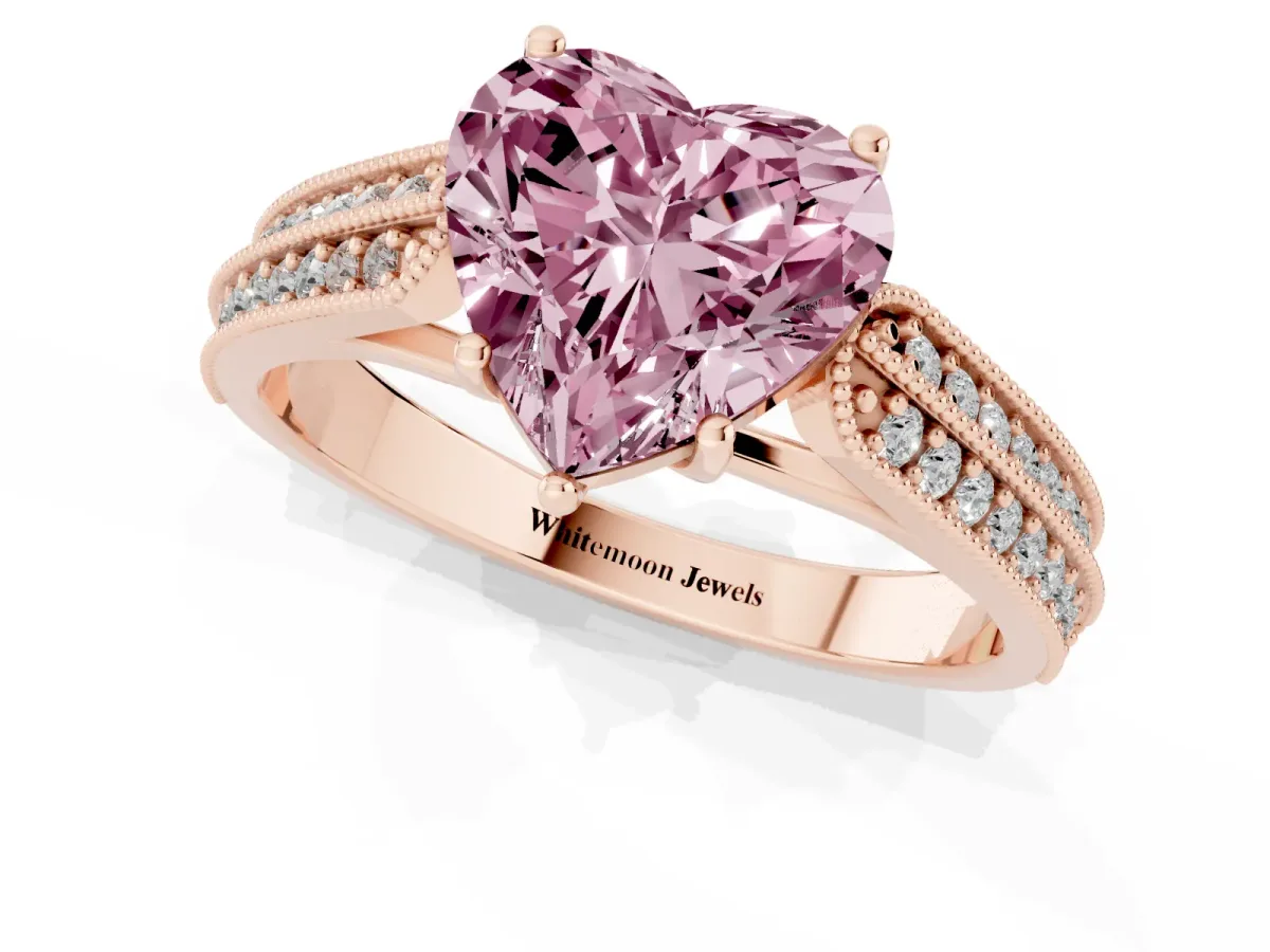 Fancy Pink Heart Cut Cut Pave Split Shank Engagement Ring with Four-Prong Setting Rose gold