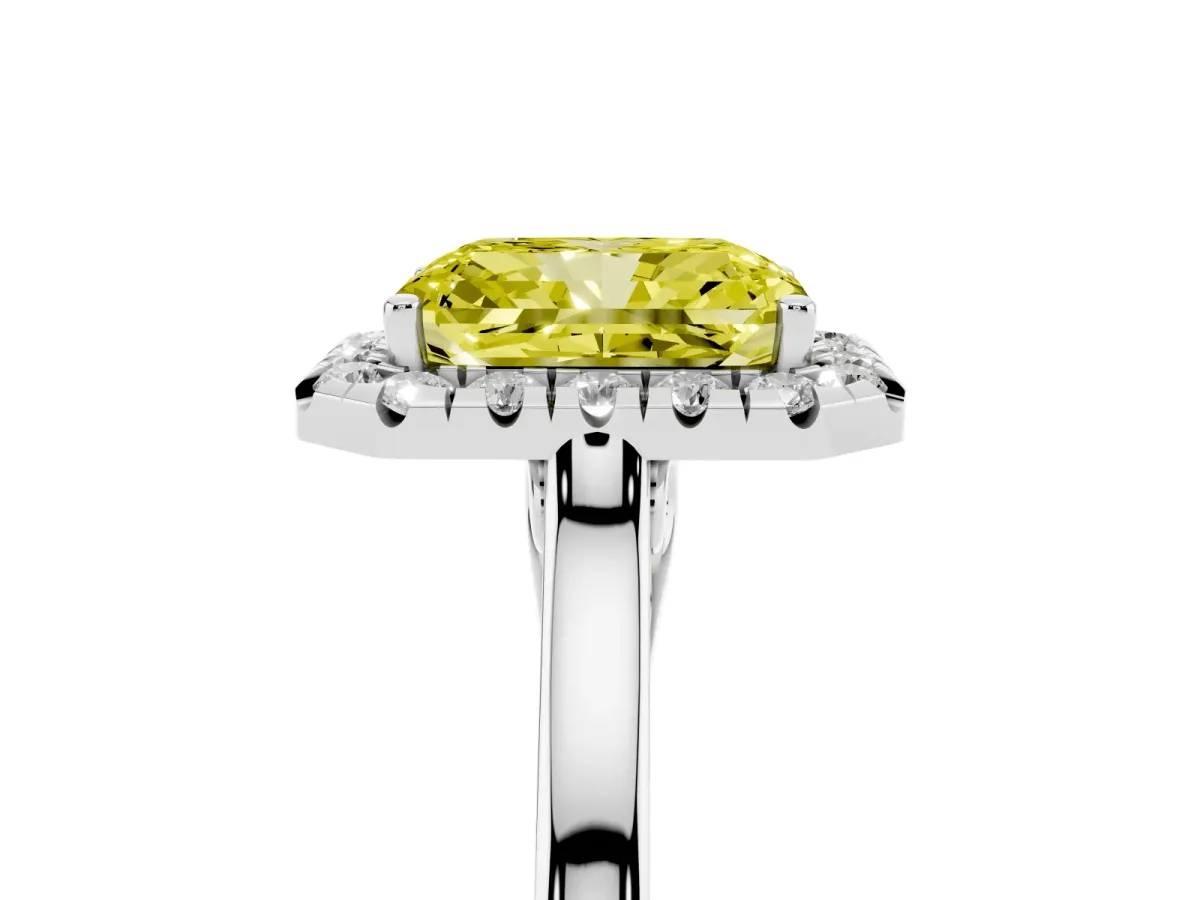 Fancy Yellow Radiant Cut Halo Round Diamond Solitaire Ring with Pavé Band and Four-Prong Setting Silver