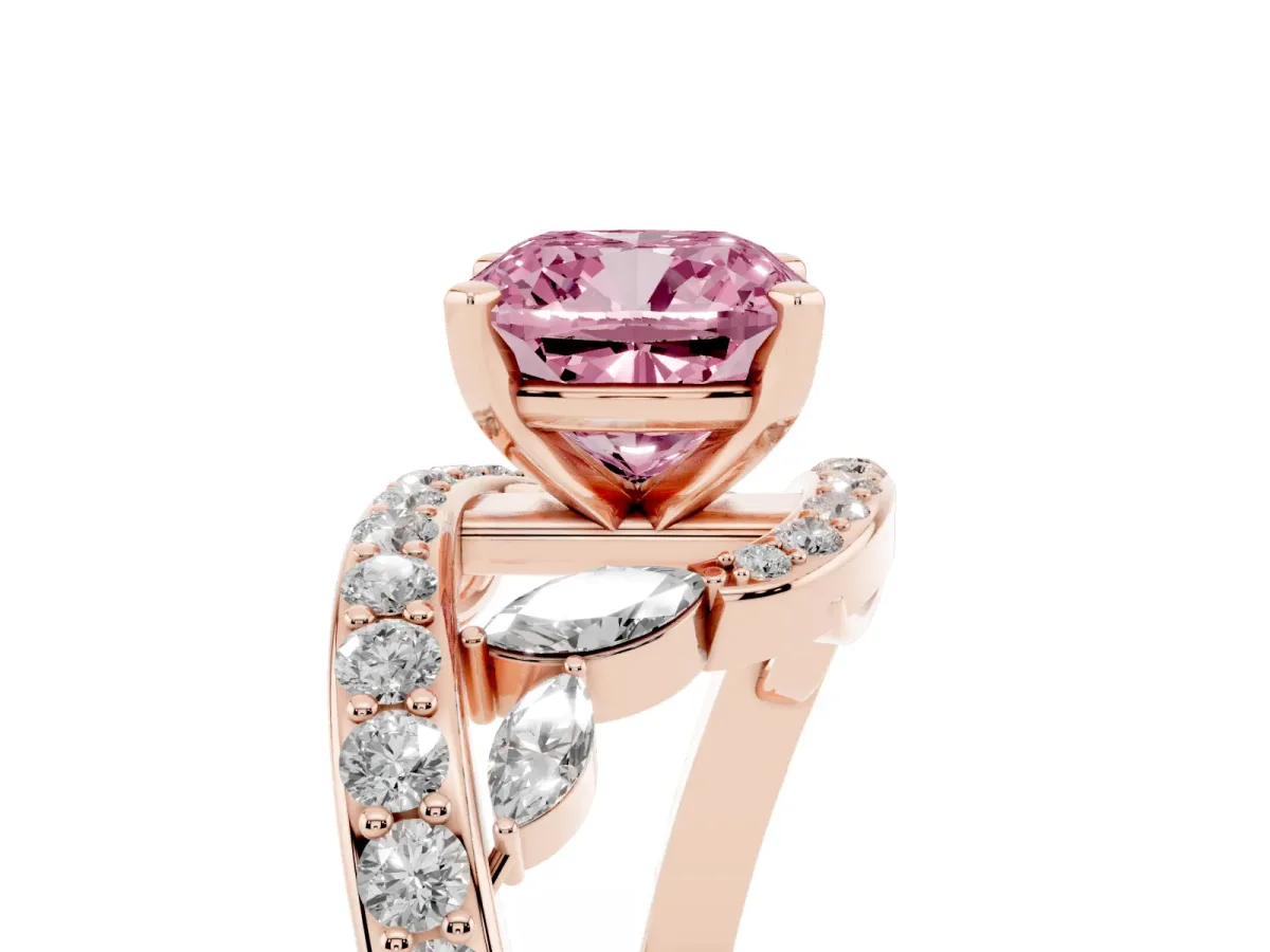Fancy Pink Cushion Cut Diamond Solitaire Ring with Filigree Band and Four-Prong Setting Rose gold