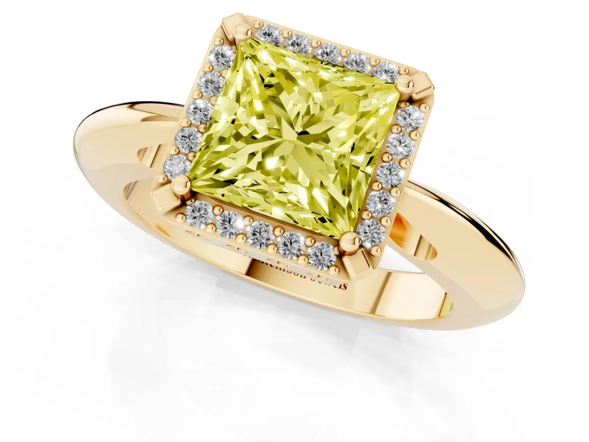 Fancy Yellow Princess Cut Cut Diamond Halo Engagement Ring with Split Shank and Four-Prong Setting Yellow gold
