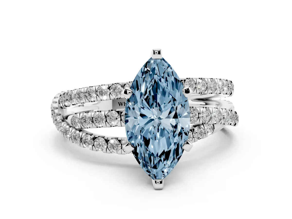 Fancy Blue Marquise Cut Solitaire Twist Band with Pavé Setting and Four-Prong Setting Silver